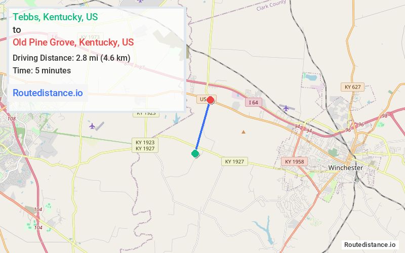 Route map from Tebbs to Old Pine Grove