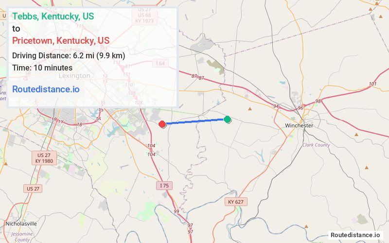 Route map from Tebbs to Pricetown