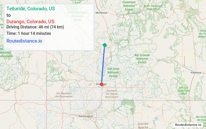 Route map from Telluride to Durango