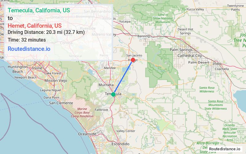 Route map from Temecula to Hemet