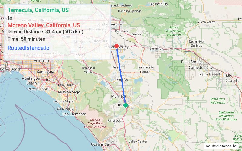 Distance from Temecula to Moreno Valley