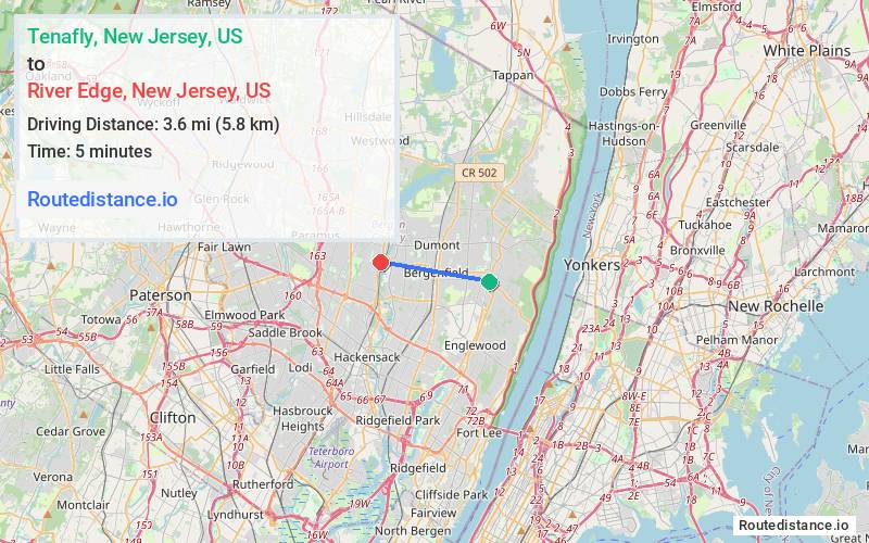 Route map from Tenafly to River Edge