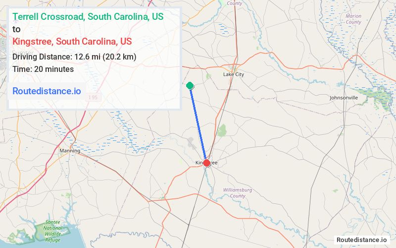 Route map from Terrell Crossroad to Kingstree