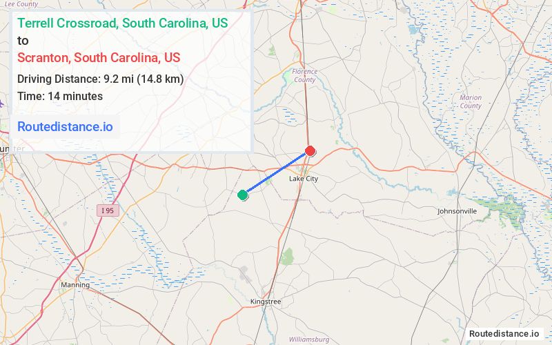 Route map from Terrell Crossroad to Scranton