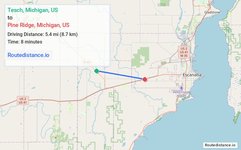 Route map from Tesch to Pine Ridge
