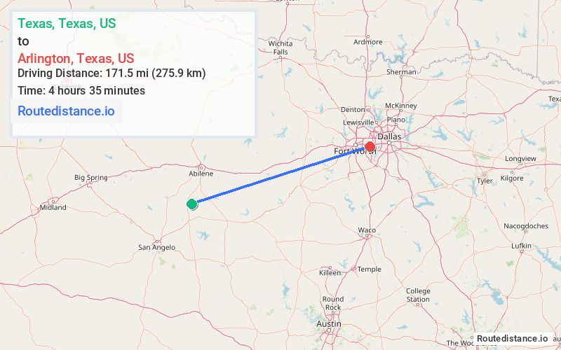 Route map from Texas to Arlington