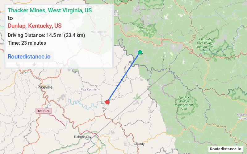 Distance from Thacker Mines to Dunlap