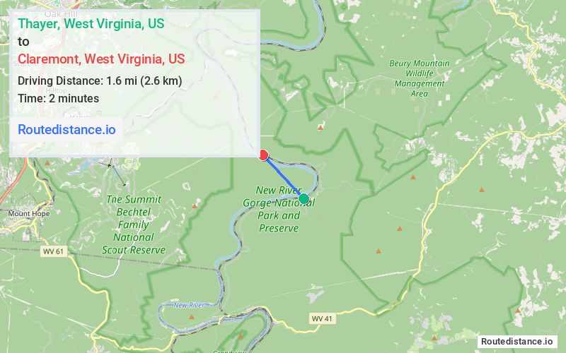 Route map from Thayer to Claremont