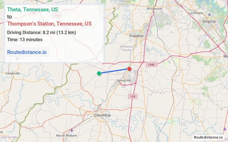 Route map from Theta to Thompson's Station