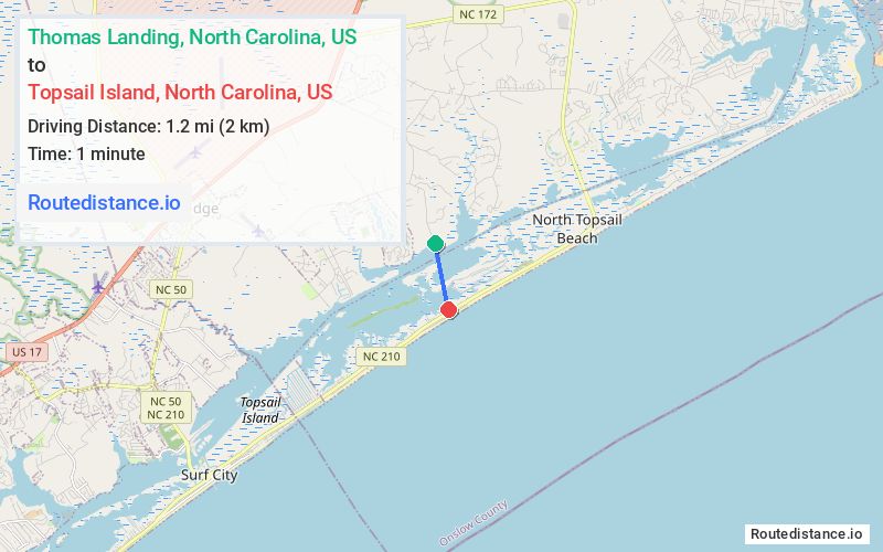 Route map from Thomas Landing to Topsail Island