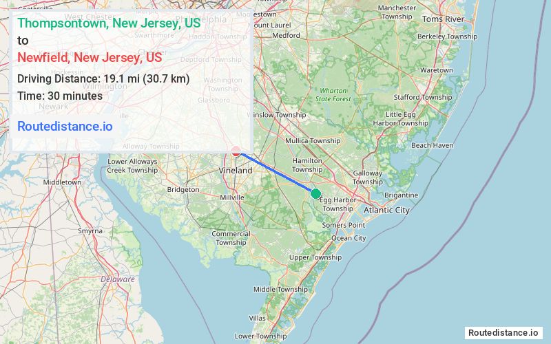 Route map from Thompsontown to Newfield