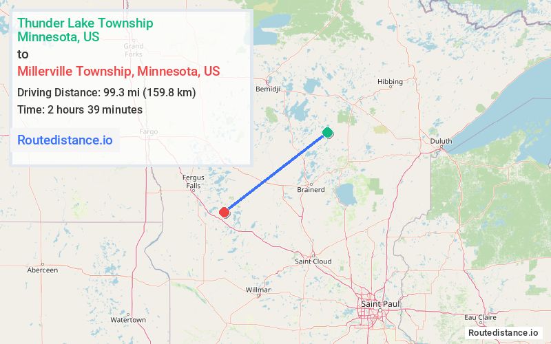 Route map from Thunder Lake Township to Millerville Township