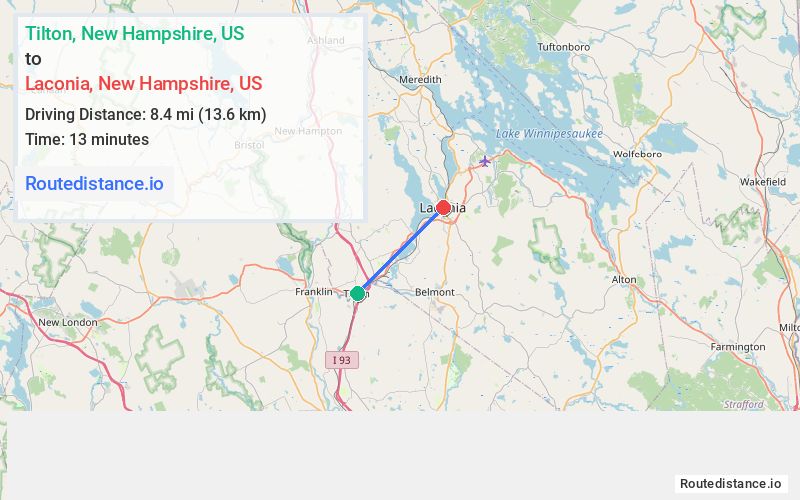 Route map from Tilton to Laconia