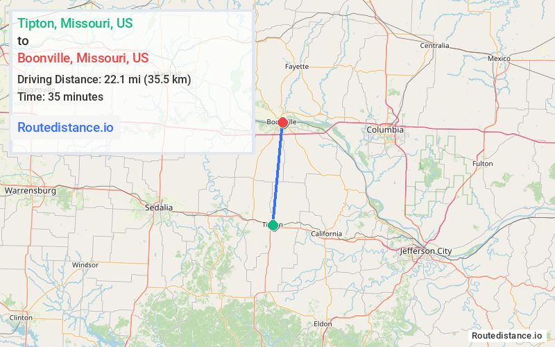 Route map from Tipton to Boonville