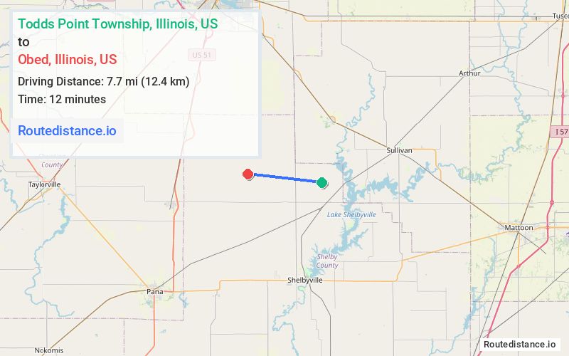 Route map from Todds Point Township to Obed