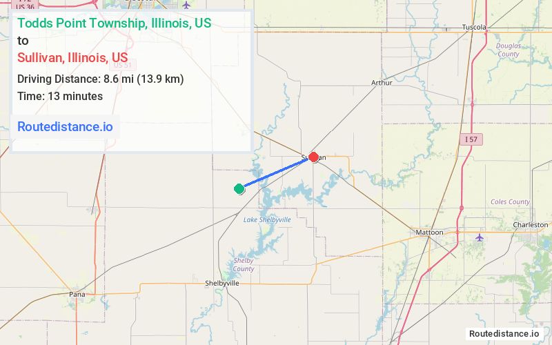 Route map from Todds Point Township to Sullivan