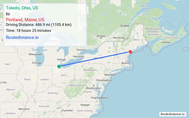 Route map from Toledo to Portland