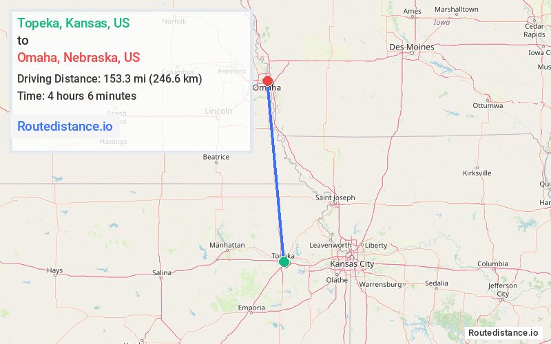 Route map from Topeka to Omaha