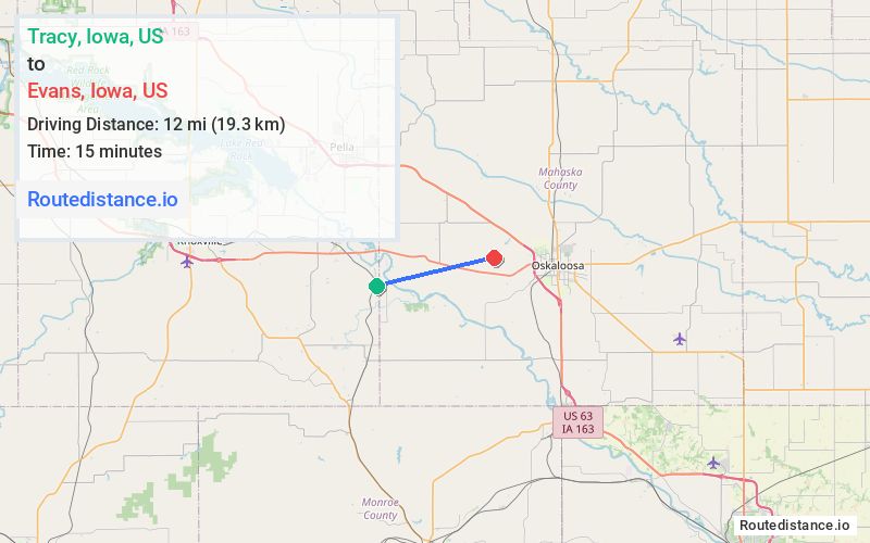 Route map from Tracy to Evans