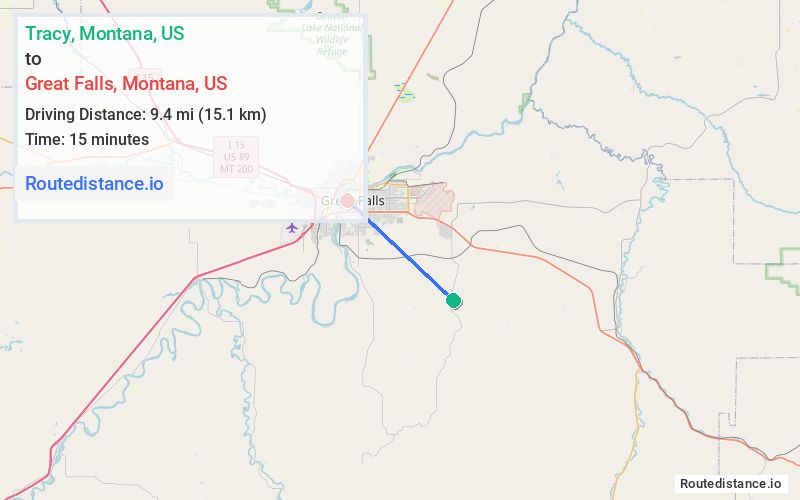 Route map from Tracy to Great Falls
