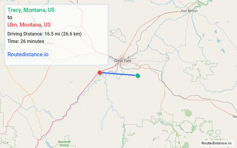 Route map from Tracy to Ulm