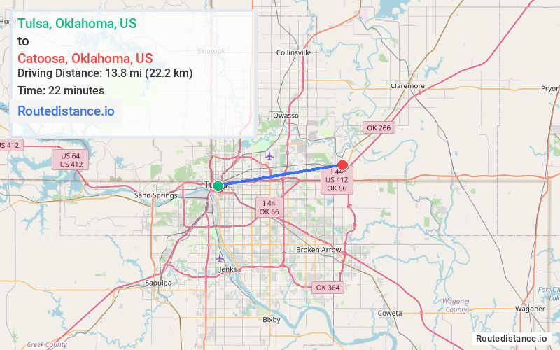Route map from Tulsa to Catoosa