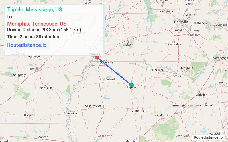 Route map from Tupelo to Memphis