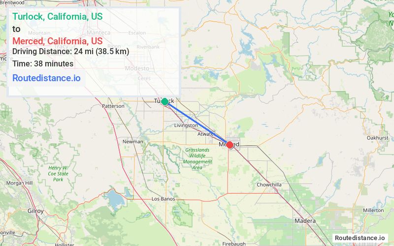 Route map from Turlock to Merced