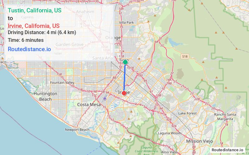 Route map from Tustin to Irvine