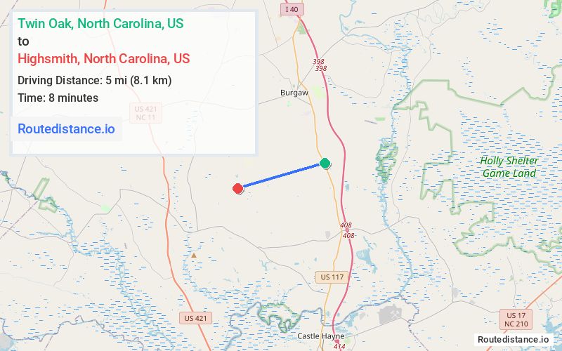 Distance from Twin Oak to Highsmith