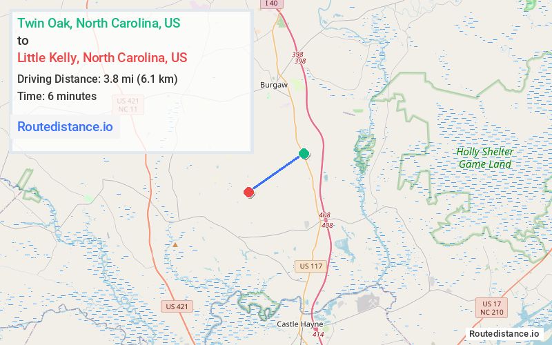 Route map from Twin Oak to Little Kelly