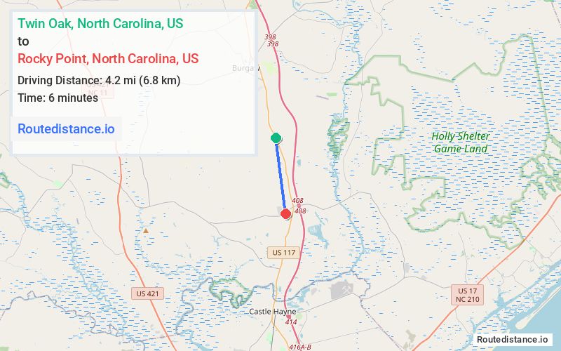 Route map from Twin Oak to Rocky Point
