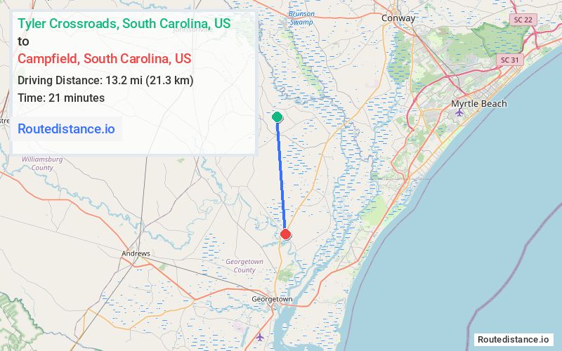 Distance from Tyler Crossroads to Campfield