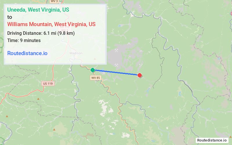 Route map from Uneeda to Williams Mountain