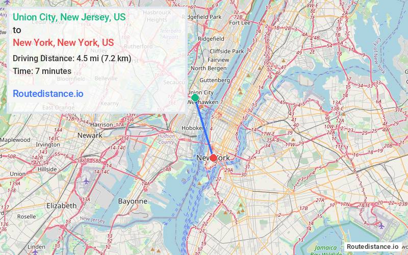 Distance from Union City to New York