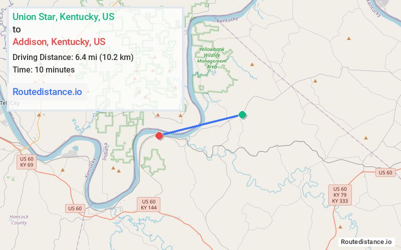 Distance from Union Star to Addison