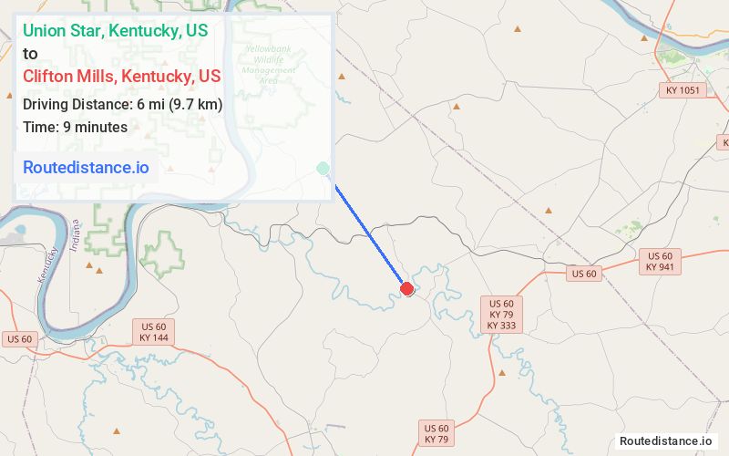 Route map from Union Star to Clifton Mills