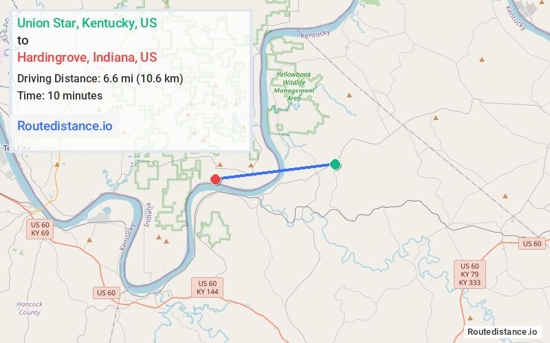 Route map from Union Star to Hardingrove