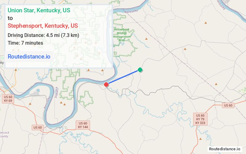 Route map from Union Star to Stephensport