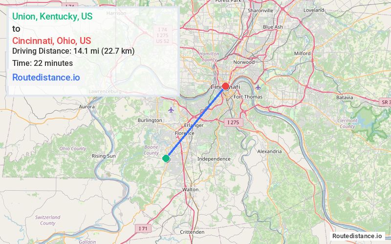 Route map from Union to Cincinnati