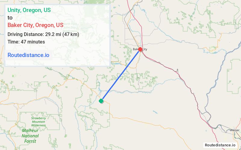 Route map from Unity to Baker City