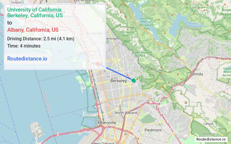 Route map from University of California, Berkeley to Albany