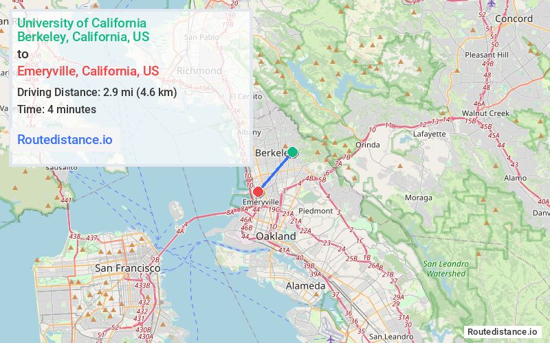 Route map from University of California, Berkeley to Emeryville