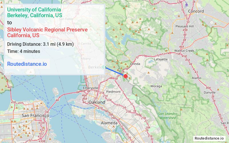 Route map from University of California, Berkeley to Sibley Volcanic Regional Preserve