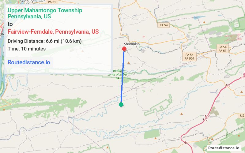 Route map from Upper Mahantongo Township to Fairview-Ferndale