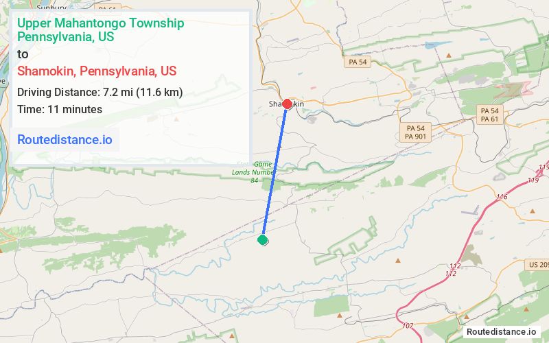 Route map from Upper Mahantongo Township to Shamokin
