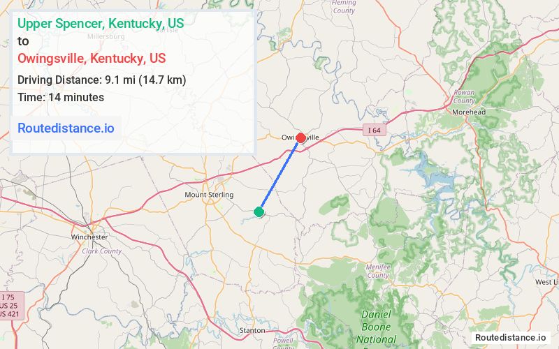 Route map from Upper Spencer to Owingsville