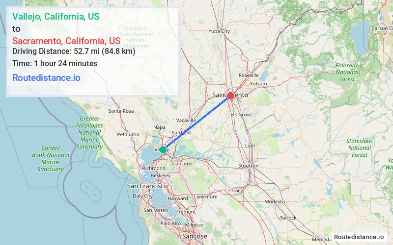 Route map from Vallejo to Sacramento