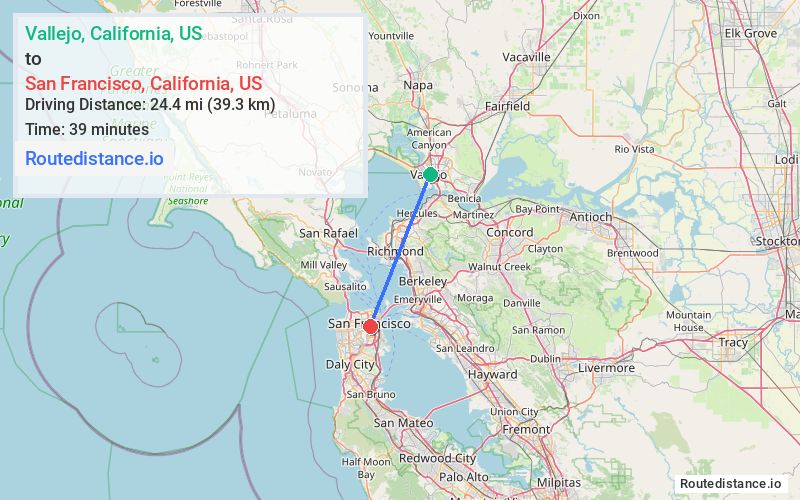 Route map from Vallejo to San Francisco