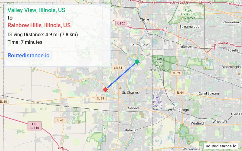 Route map from Valley View to Rainbow Hills